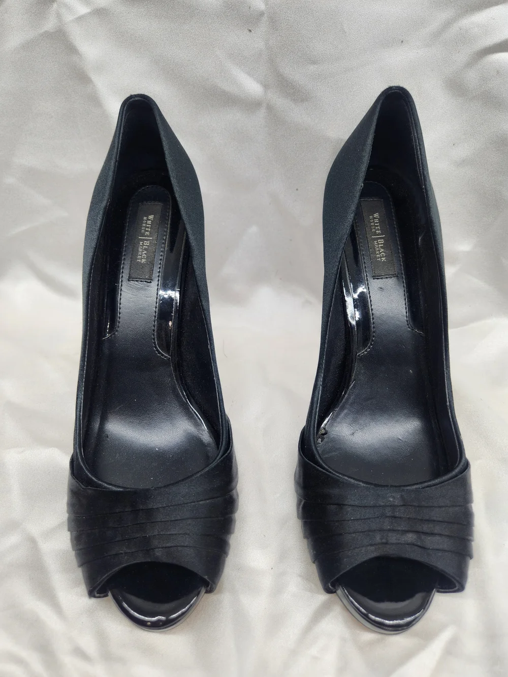 White House Black Market Black Peep-Toe Pleated Satin Heels